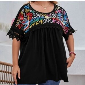 Shein curve Plus Size 4X Black embroidered blouse top shirt crochet